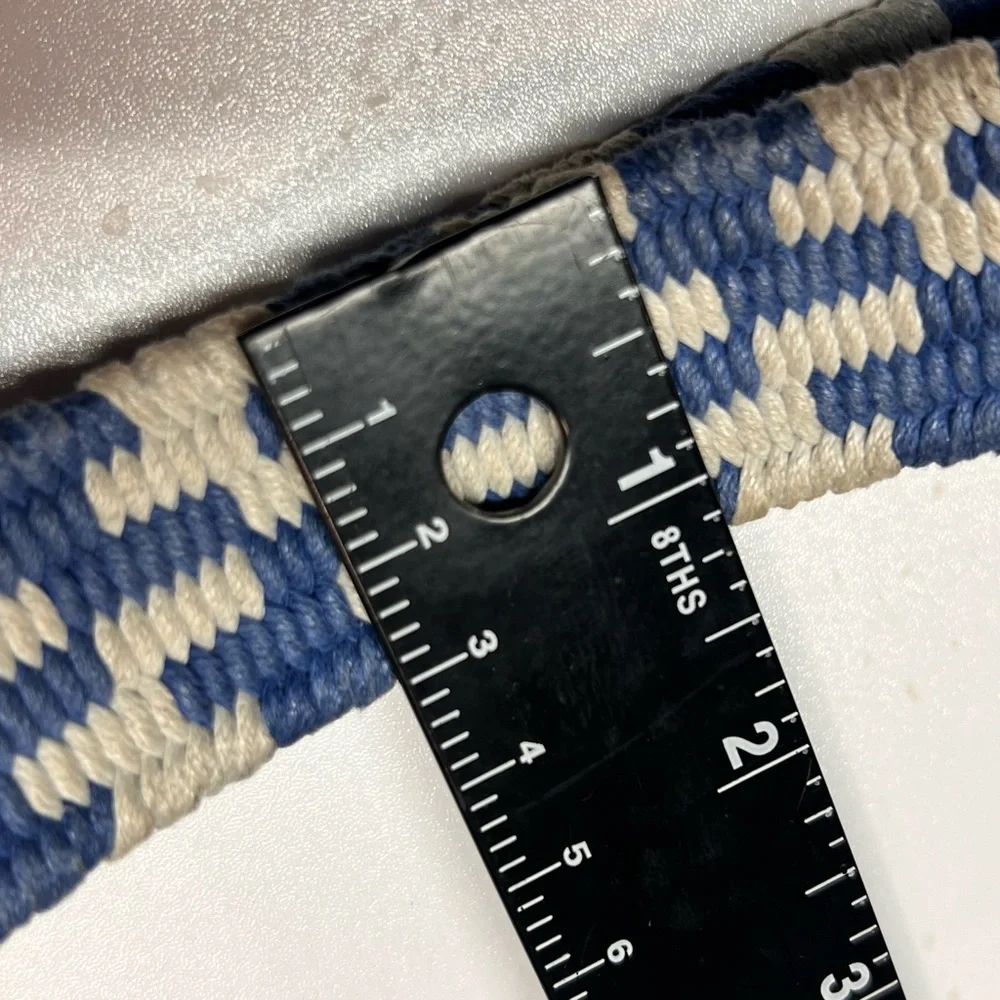 Vineyard Vines Belt Blue and White checked Cotton Leather Trim  Size 34